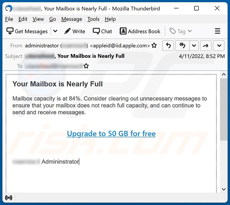 Mailbox capacity-themed spam email (2022-04-13)