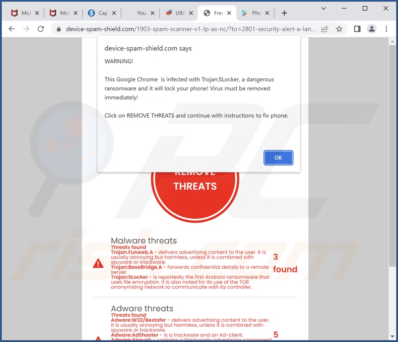 Screenshot van de valse scanresultaten en pop-up weergegeven door 