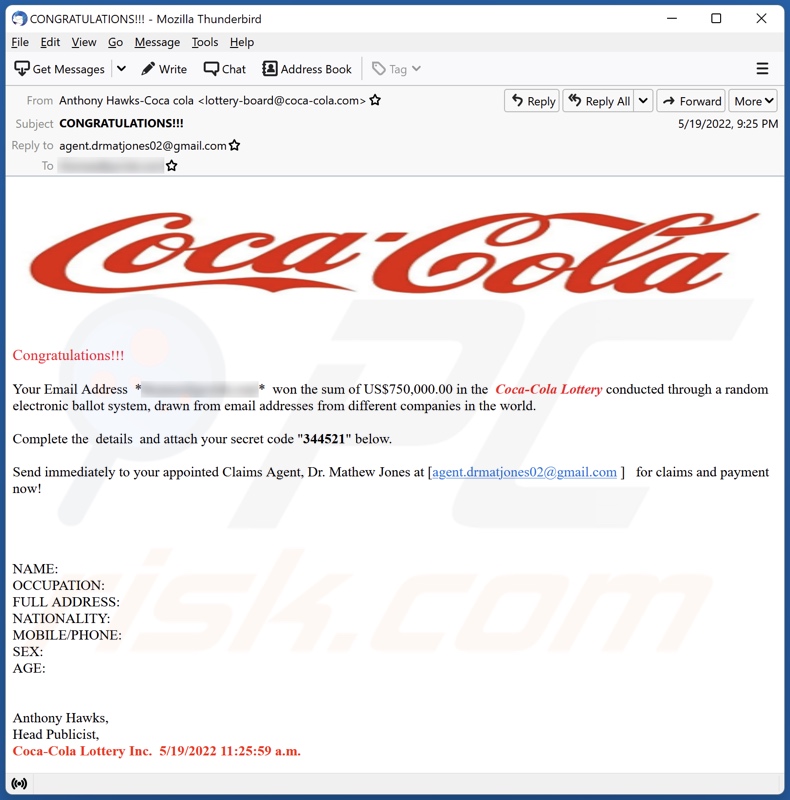 Coca Cola Lottery email spam campaigne