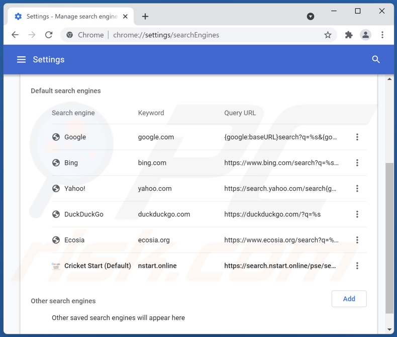 Removing search.nstart.online from Google Chrome default search engine