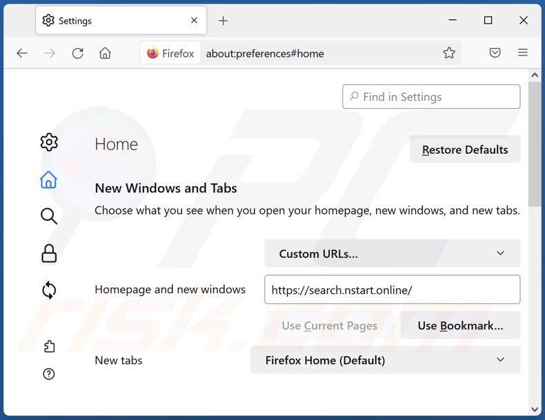 Search.nstart.online van de startpagina van Mozilla Firefox verwijderen