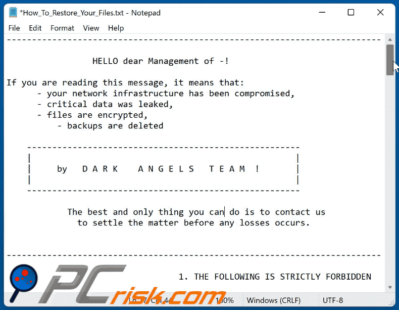 Dark Angels Team ransomware losgeld-vragend bericht (How_To_Restore_Your_Files.txt) GIF