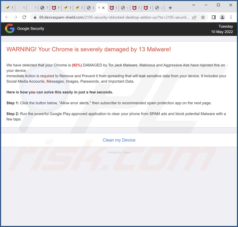 devicespam-shield[.]com website gepromoot scam achtergrond pagina