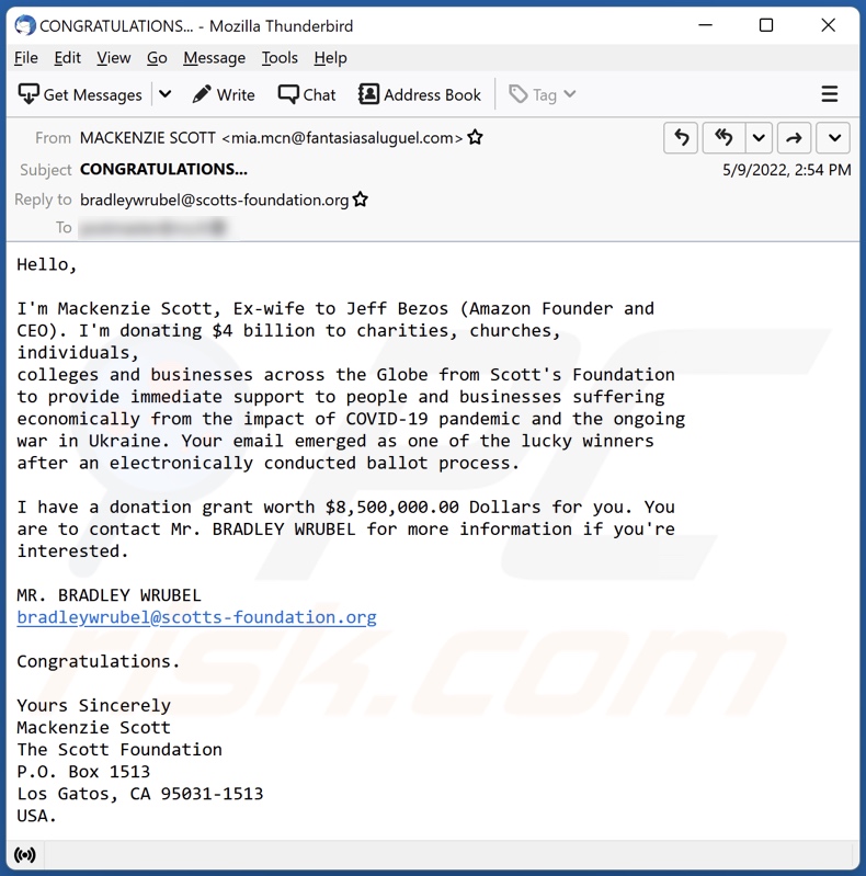 Donation Grant For You spam e-mailcampagne