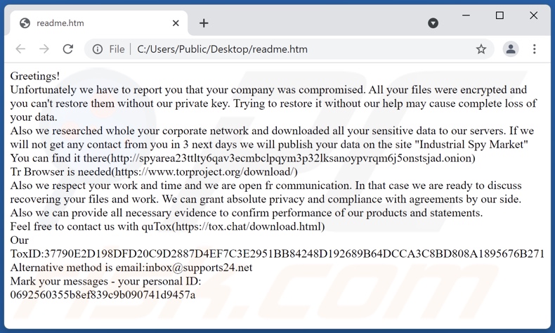 Industrial Spy Market ransomware losgeld-eisend bericht (readme.html)