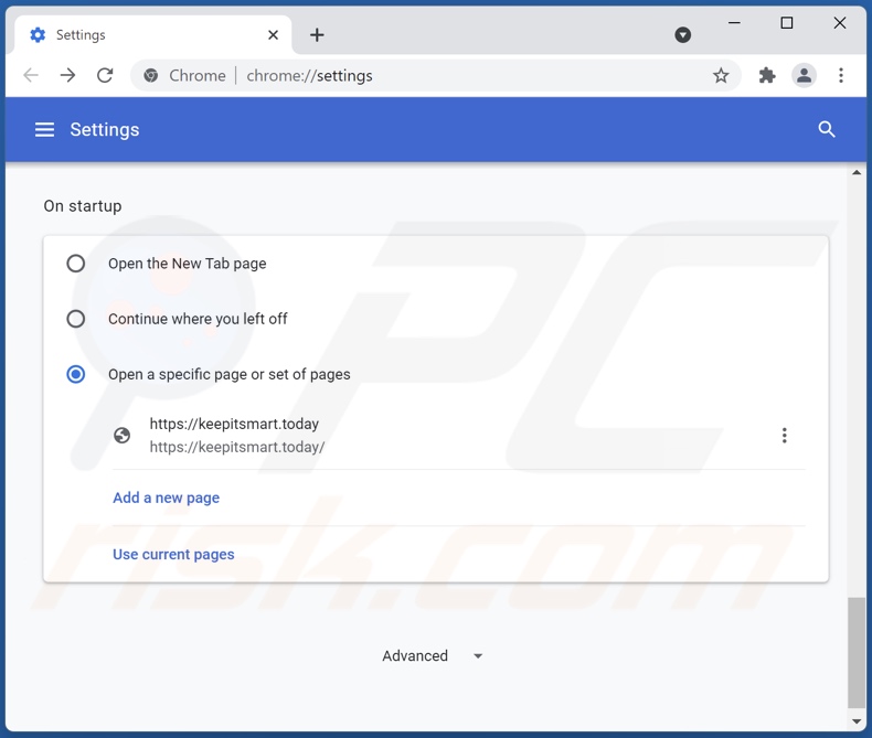 Keepitsmart.today uit de startpagina van Google Chrome verwijderen