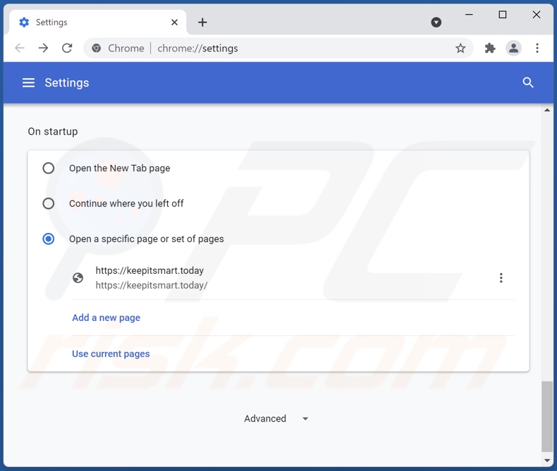 Keepitsmart.today uit de startpagina van Google Chrome verwijderen