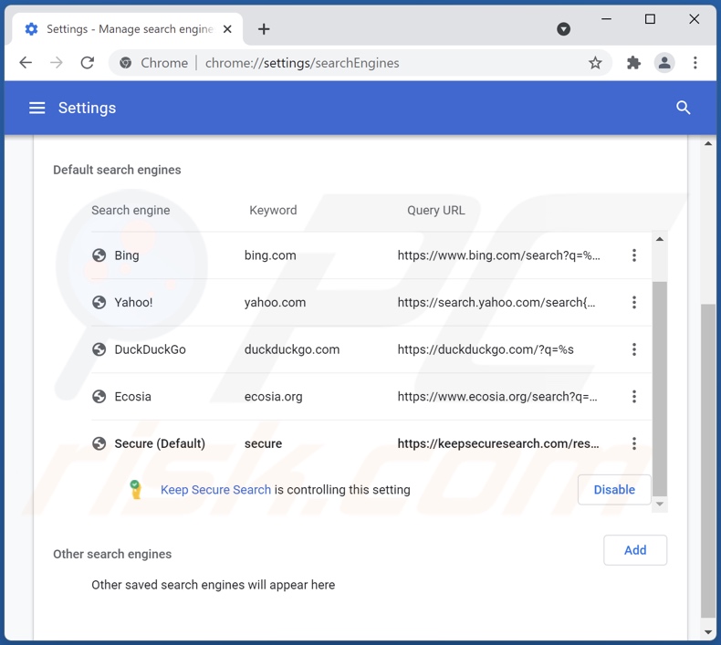 Verwijderen van keepsecuresearch.com uit Google Chrome standaard zoekmachine