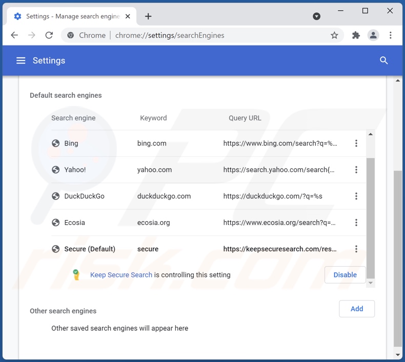 Verwijderen van keepsecuresearch.com uit Google Chrome standaard zoekmachine