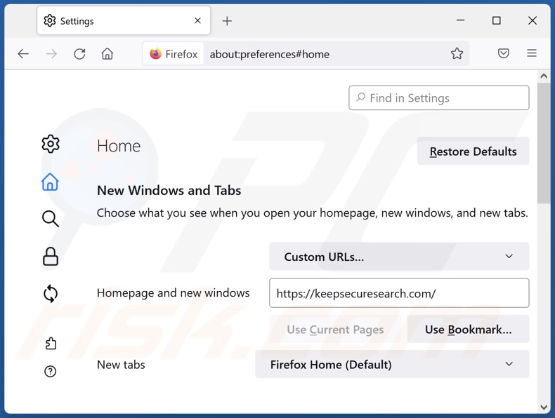 Keepsecuresearch.com van Mozilla Firefox-homepage verwijderen