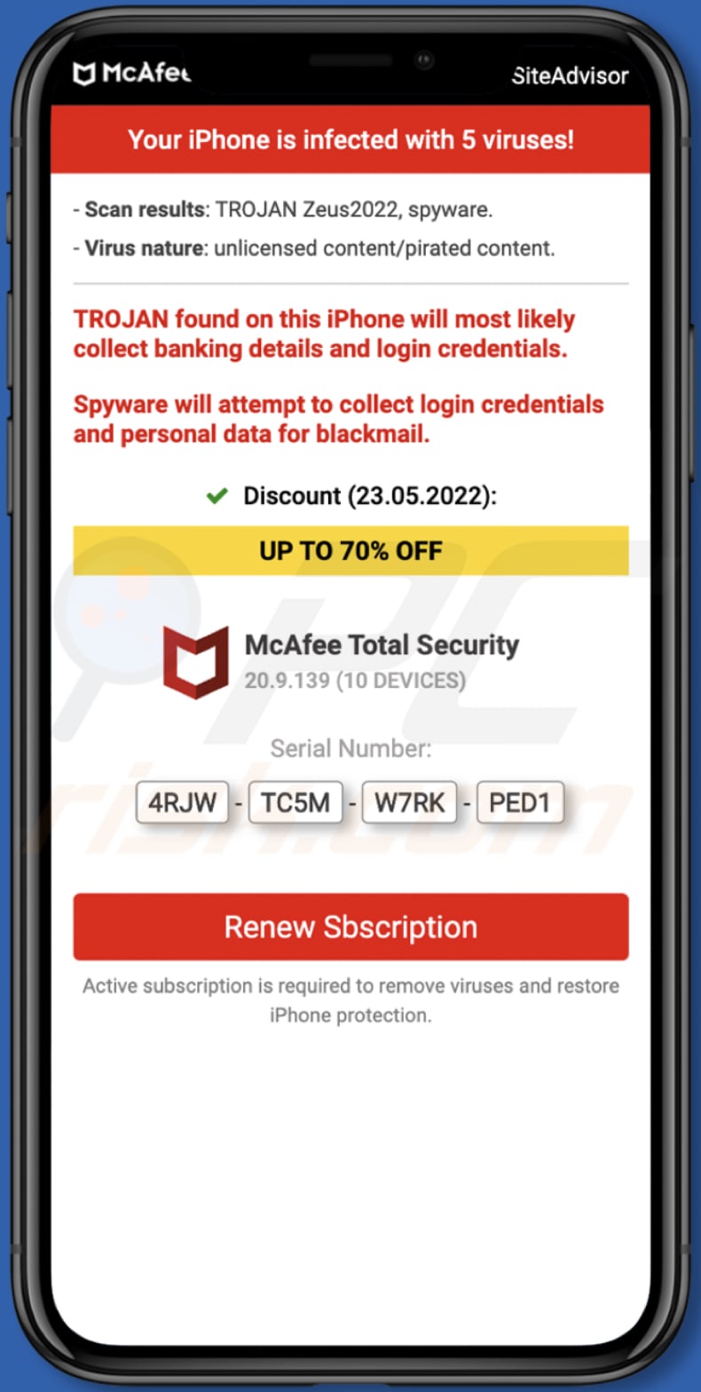 McAfee - Your iPhone is infected with 5 viruses! scam