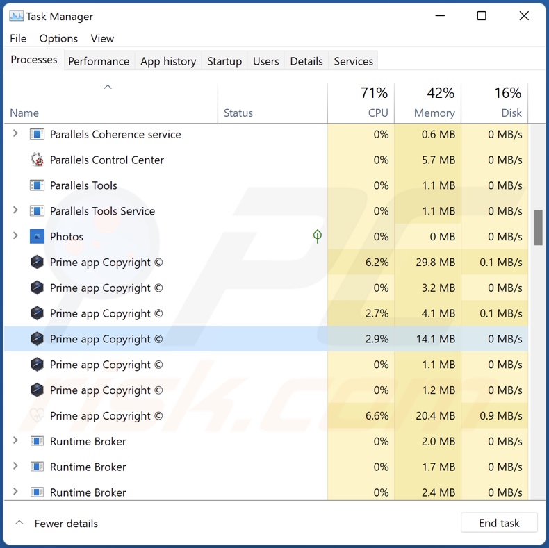 Prime adware proces op Taakbeheer (Prime app Copyright © - procesnaam)