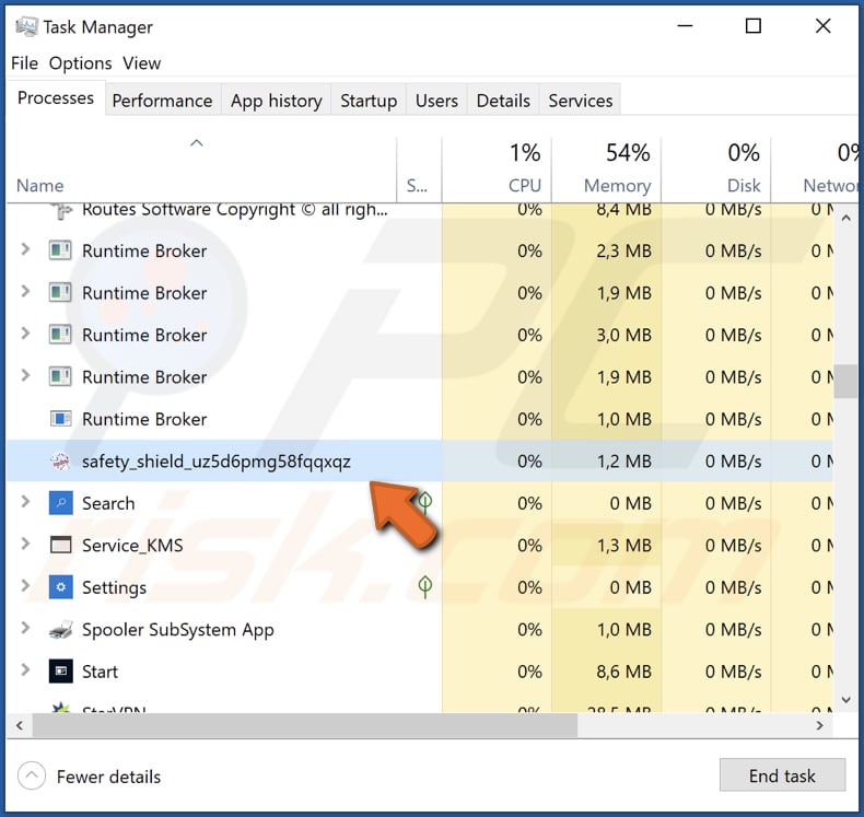 Safety Shield malware running in the Task Manager