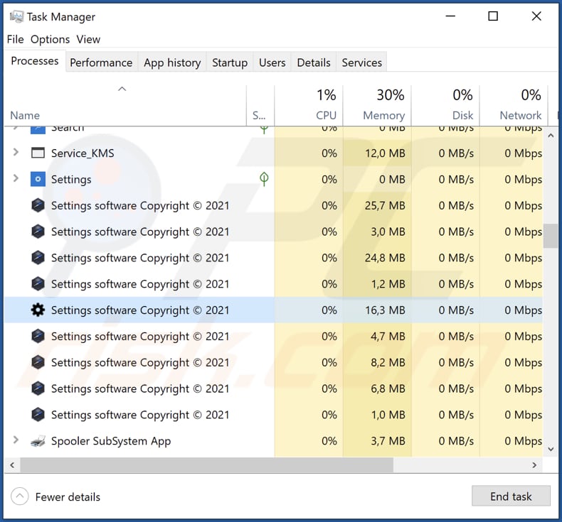 settings adware die draait in het taakbeheer als Instellingen software Copyright © 2021