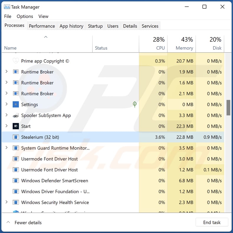 stealerium malware proces draait in taakbeheer