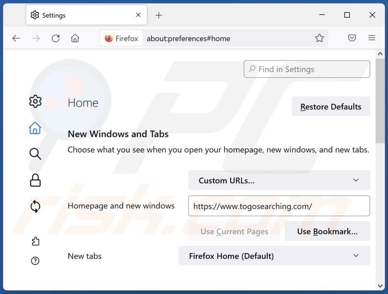 Verwijderen van togosearching.com uit Mozilla Firefox homepage