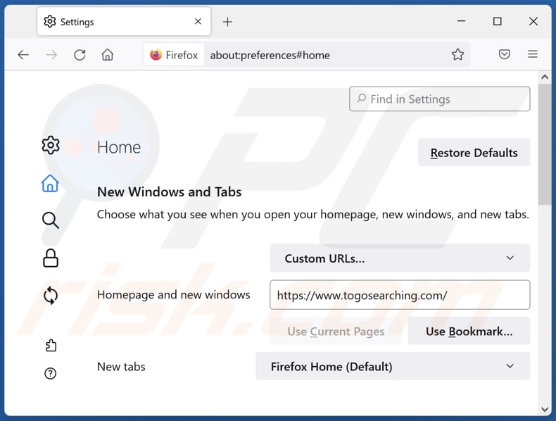Verwijderen van togosearching.com uit Mozilla Firefox homepage