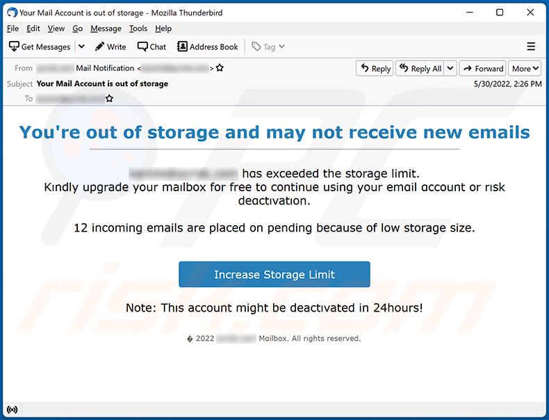 You're out of storage and may not receive new emails spam gepromoot phishing site