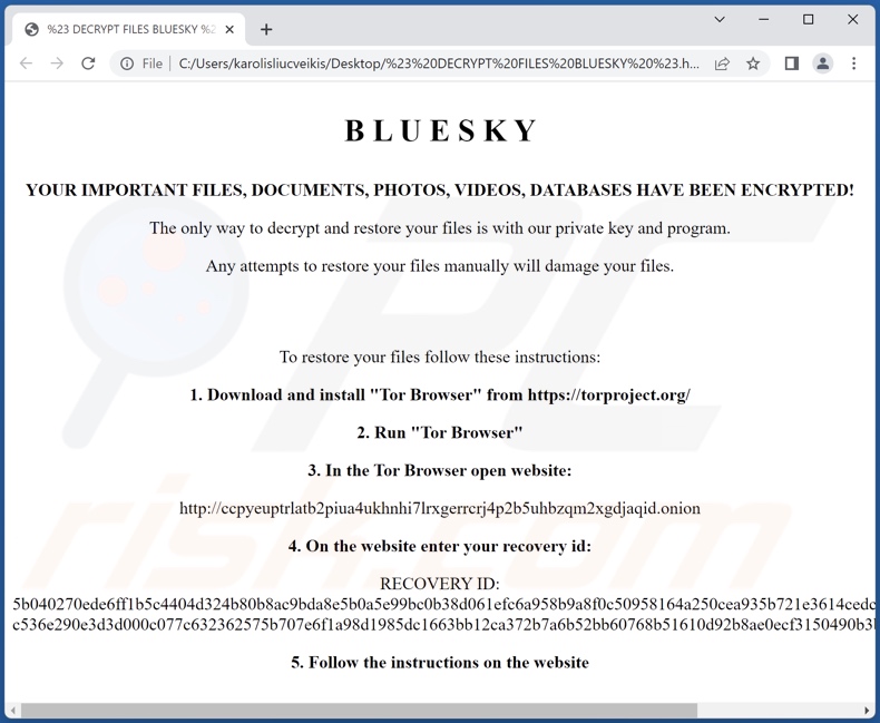 BlueSky ransomware losgeld-eisend bericht (# DECRYPT FILES BLUESKY #.html)