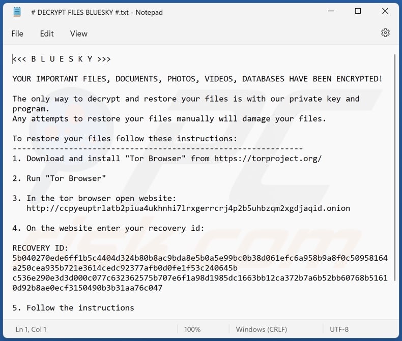 BlueSky ransomware tekstbestand (# DECRYPT FILES BLUESKY #.txt)