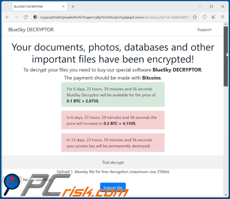 BlueSky ransomware Tor website (GIF)