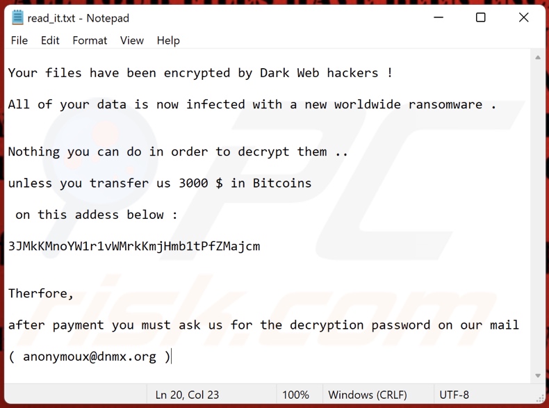 Dark Web Hacker ransomware een andere variant bericht om losgeld te eisen(read_it.txt)