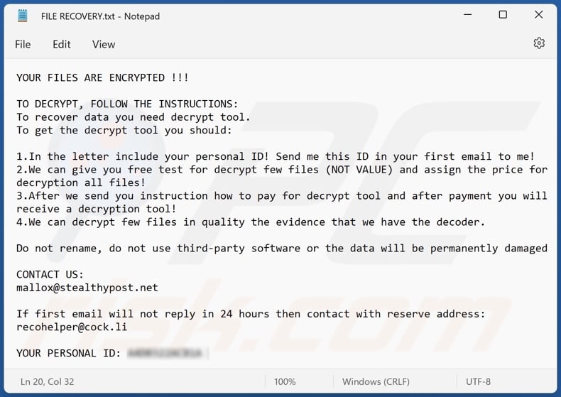 FARGO ransomware losgeld-eisend bericht (FILE RECOVERY.txt)