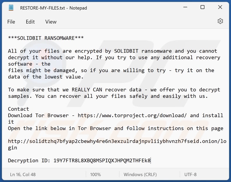 solidbit ransomware losgeld bericht tekstbestand (RESTORE-MY-FILES.txt)