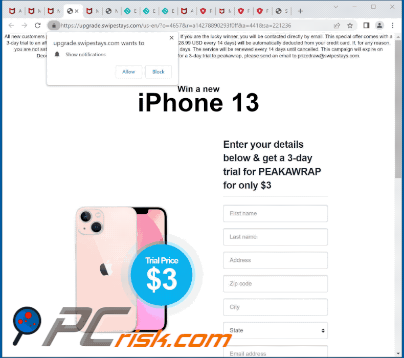 Weergave van de Win A New iPhone 13 scam (GIF)