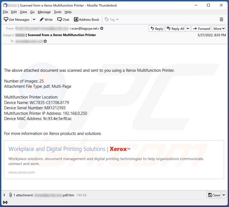 Xerox Multifunction Printer email spam campaign