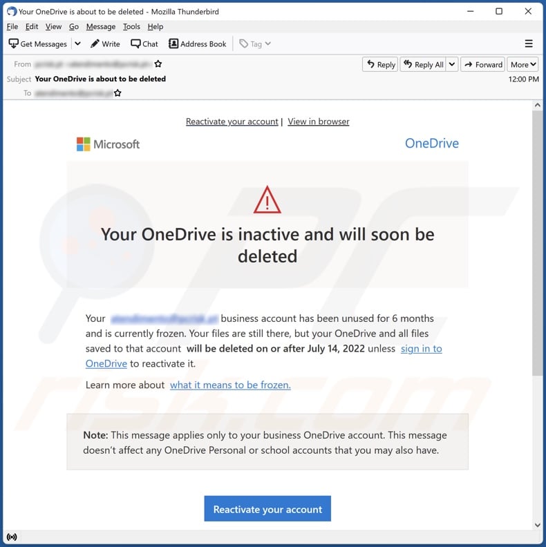 Your OneDrive Is Inactive And Will Soon Be Deleted email spamcampagne