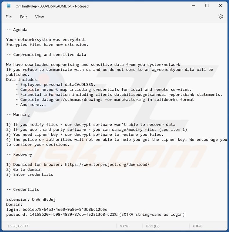 Agenda ransomware tekstbestand ([random_string]-RECOVER-README.txt)