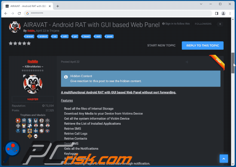 AIVARAT trojan voor toegang op afstand gepromoot op hacker forum (GIF)