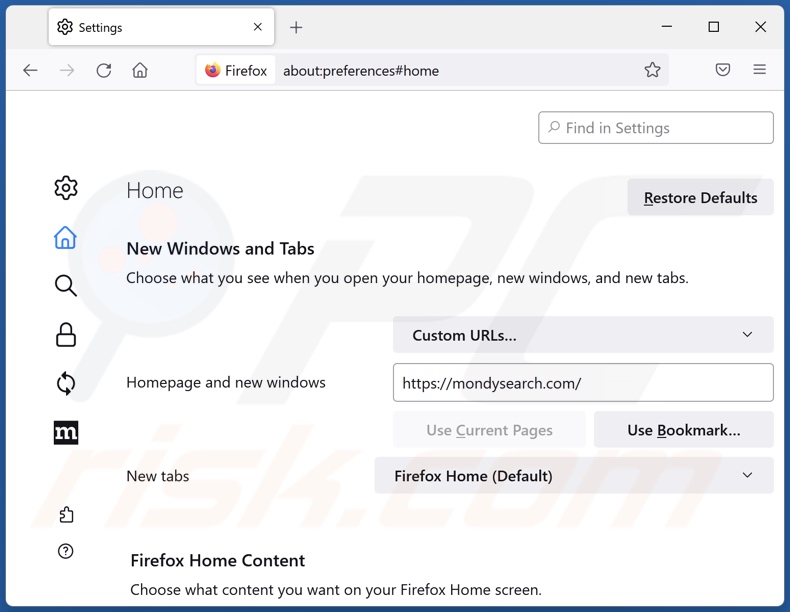 Mondysearch.com verwijderen uit de startpagina van Mozilla Firefox