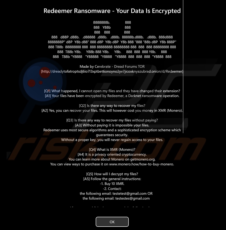 Redeemer 2.0 ransomware bericht dat voor het inlogscherm wordt weergegeven