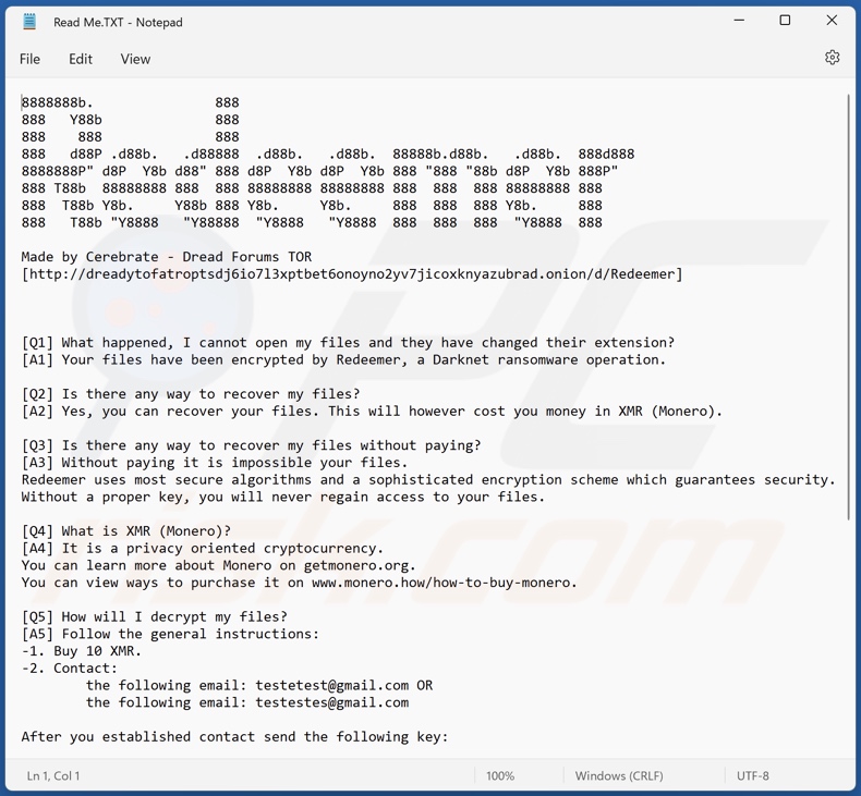 Redeemer 2.0 ransomware bericht waarin om losgeld wordt gevraagd (Read Me.TXT)