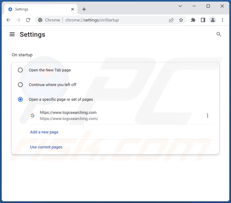 Verwijderen van togosearching.com uit Google Chrome homepage