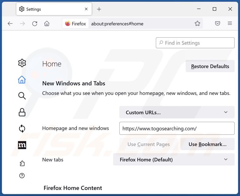 Verwijderen van togosearching.com uit Mozilla Firefox homepage