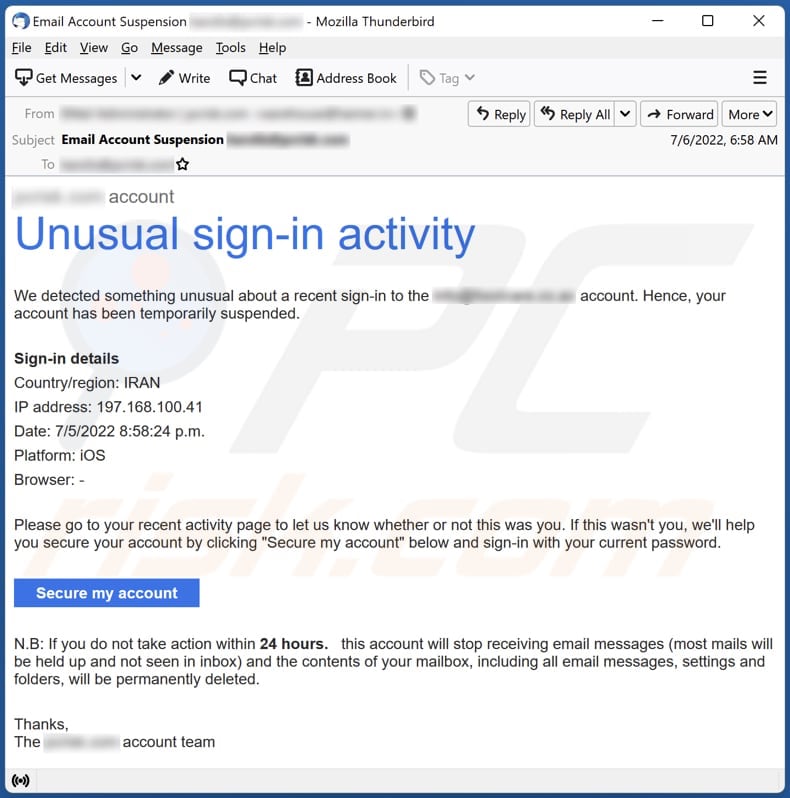 Unusual Sign-in Activity email scam email