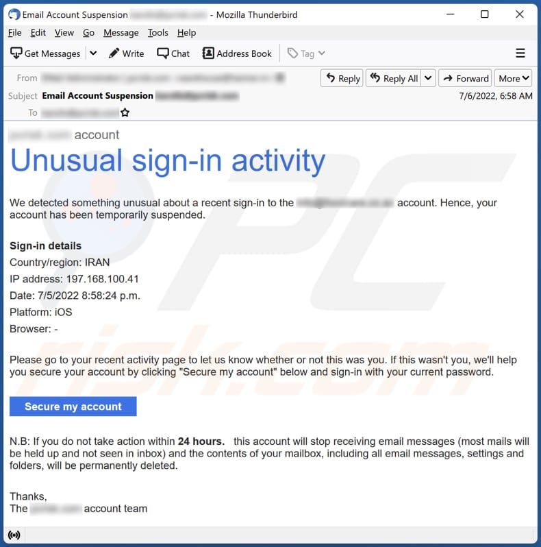 Unusual Sign-in Activity email scam email