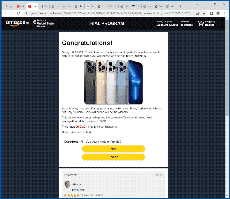 Verschijning van AMAZON TRIAL pop-up oplichterij