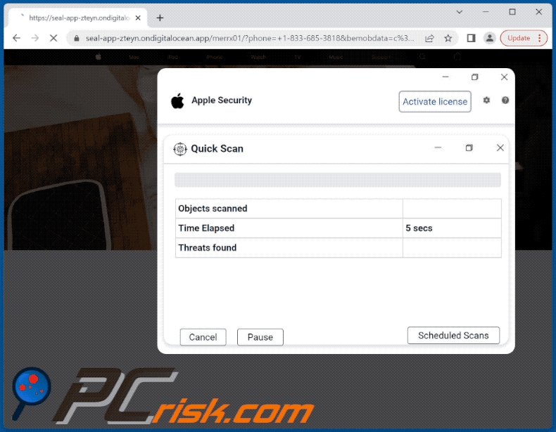 De verschijning van Apple Security Center scam (GIF)