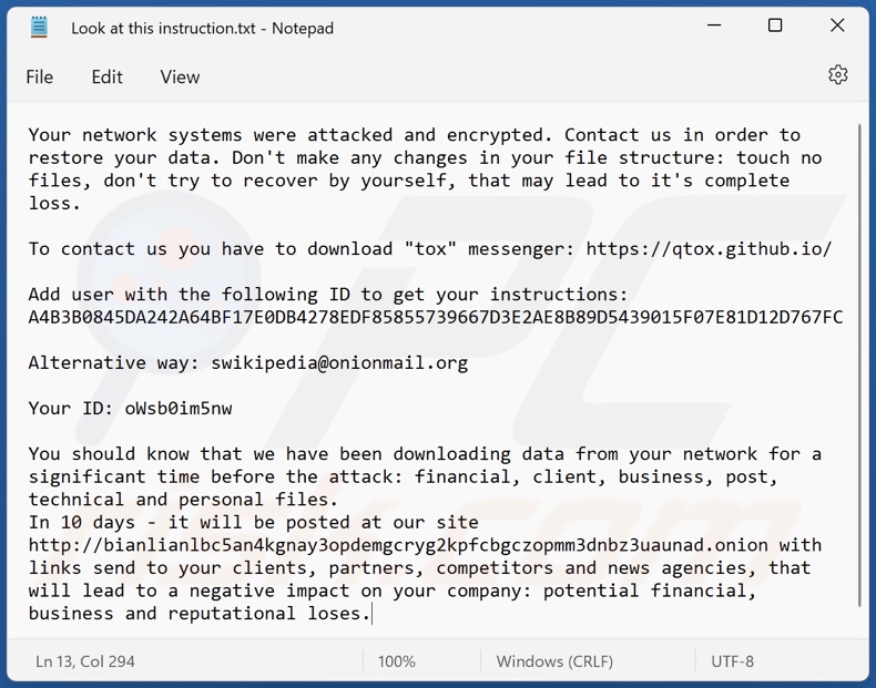 BianLian ransomware losgeld-eisend bericht (Kijk naar deze instruction.txt)