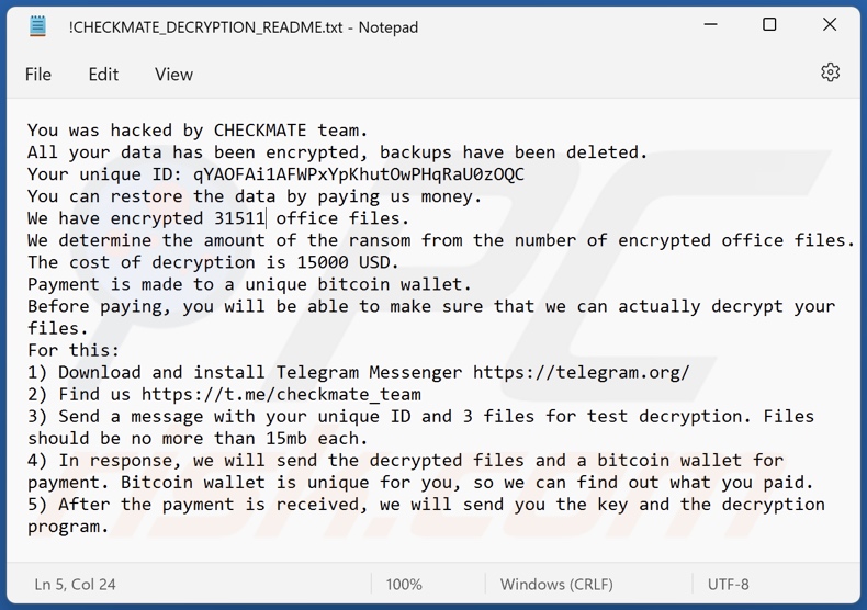Checkmate ransomware losgeld-eisend bericht (!CHECKMATE_DECRYPTION_README.txt)