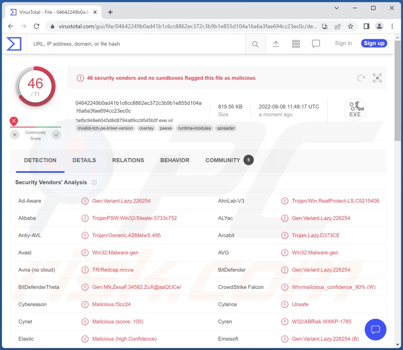 Erbium malware detections on VirusTotal