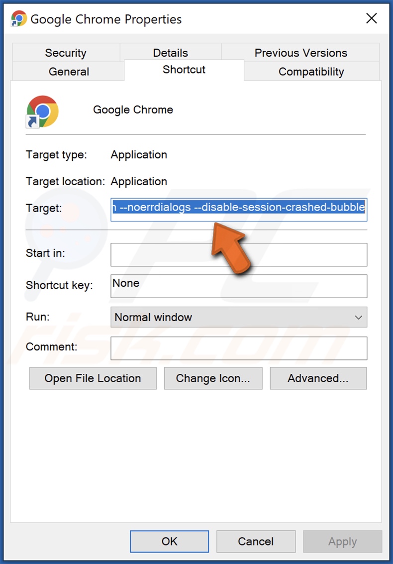 Extension Settings browser hijacker changed Chrome shortcut target
