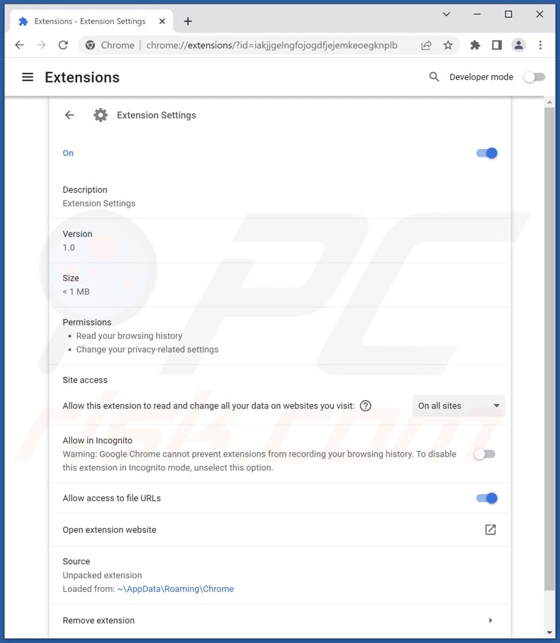 Extension Settings browser hijacker detailed information