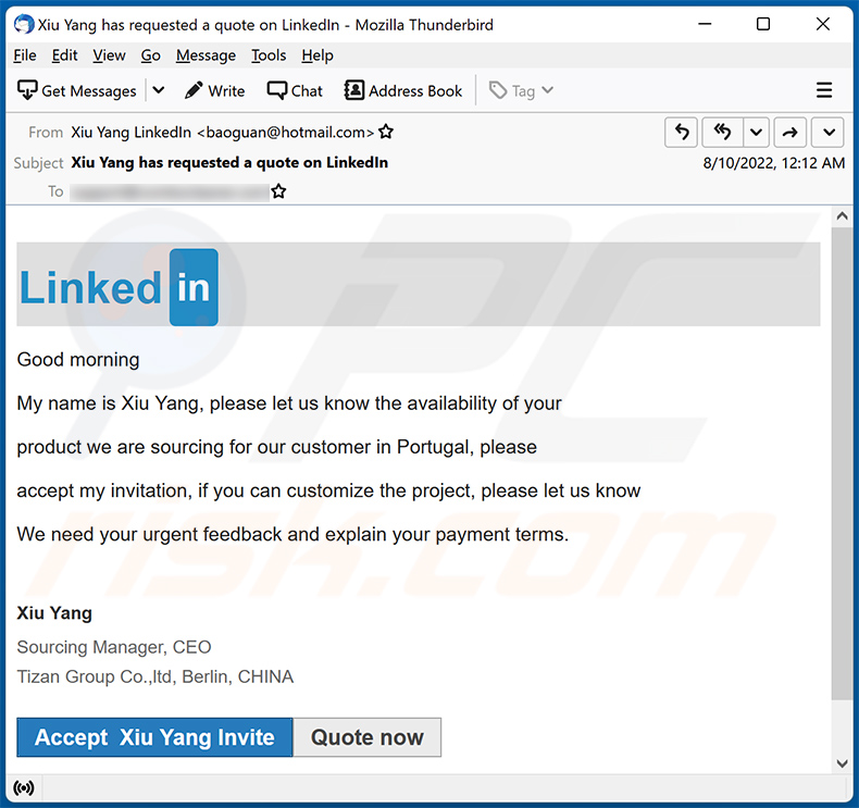 Spam-e-mail met LinkedIn-thema die reclame maakt voor een phishing-site (2022-08-11)