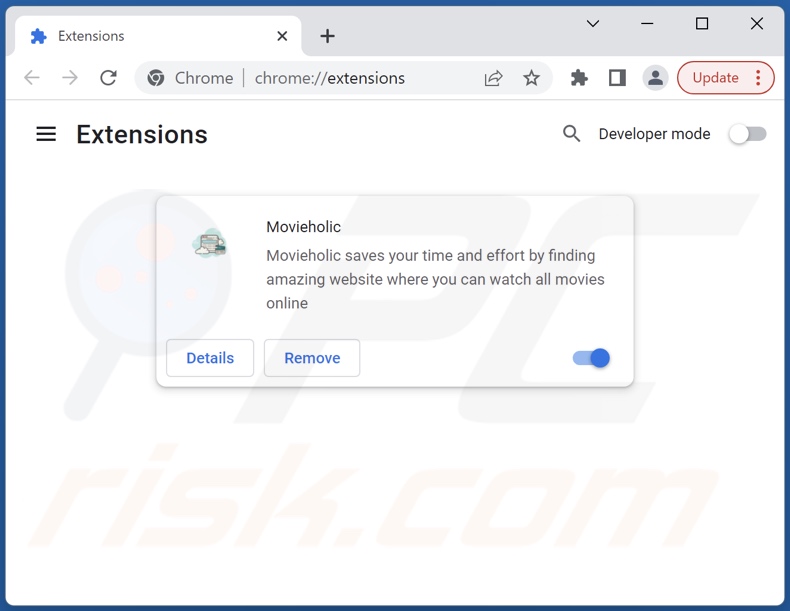 Removing Movieholic ads from Google Chrome step 2