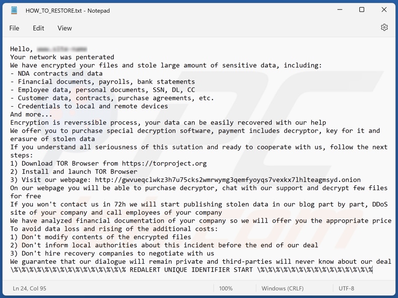 RedAlert (N13V) ransomware losgeld-eisend bericht (HOW_TO_RESTORE.txt)